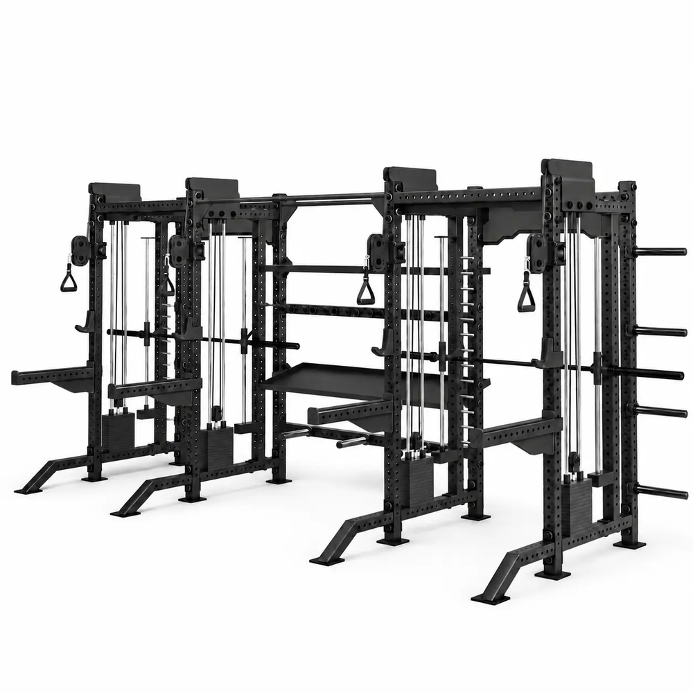 FitnessKing Commercial Double Power Rack in zwart met dubbele rackopstelling en kabelstations